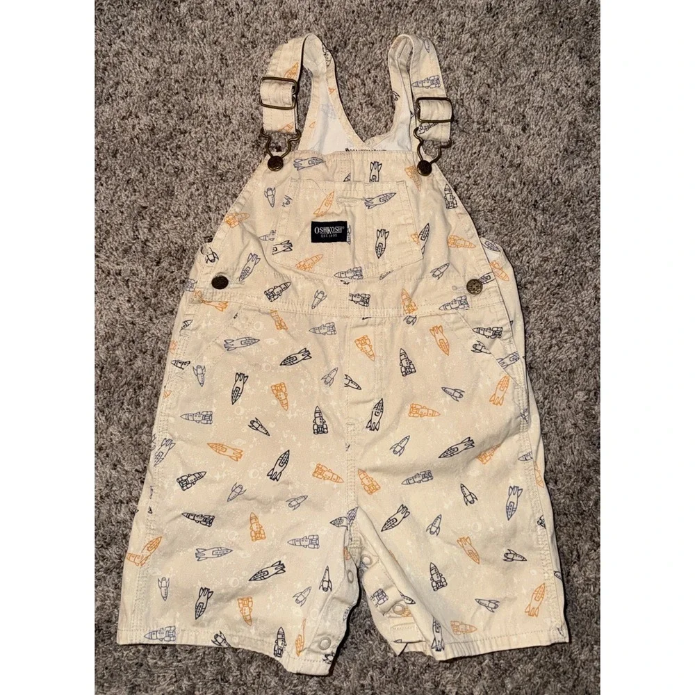 OshKosh B'gosh 24M Rocket Print Shortalls Cream/beige‎ Orange Blue